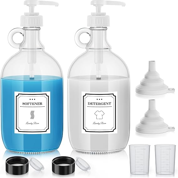 Laundry Detergent Dispenser,64oz Fabric Softener Dispenser,Glass Liquid Laundry Detergent Container,Laundry Detergent Organizer for Laundry Room Organization with 4 Labels,2 Pack