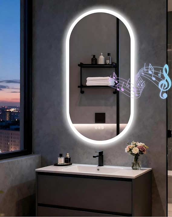LUVODI Oblong LED Bathroom Mirror: Smart Vanity Mirror Oval 47.3x23.6 inch | Bluetooth Speakers Front-Lit Defogger Stepless Dimming 3 Color Lights Adjustable for Luxury Home Mirrored Decor Wall-Mounted
