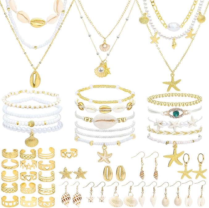 NEWITIN 49 Pcs Gold Jewelry Set for Women Boho Vacation Beach Jewelry Set
