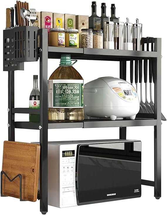 Expandable Microwave Shelf - 3 Tier Oven Stand Countertop with 6 Hook, Microwave Stand Kitchen Organiser Storage, Height Width Adjustable Pantry Rack, Single Layer Counter Shelf Cutting Board (Black）