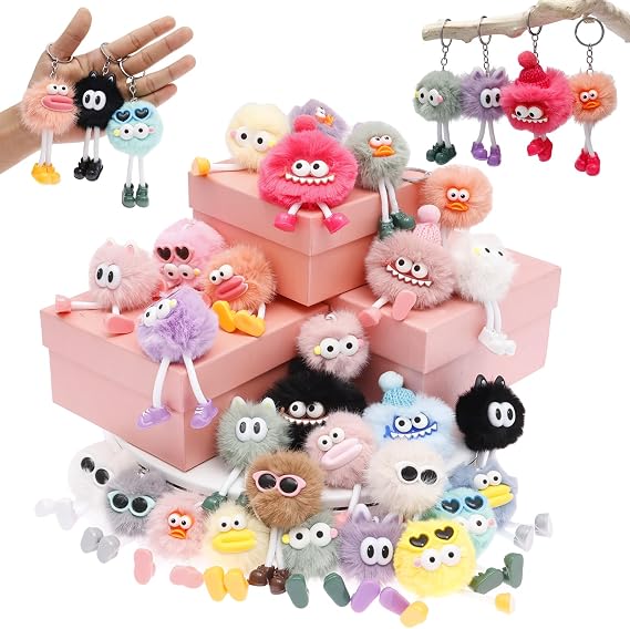 28 PCS Plush Doll Keychains, Cute Fluffy Bag Charms, Soft Faux Fur Keyring Pendants, Bulk Mini Toys for Party Favours & Classroom Prizes (Random Colours)