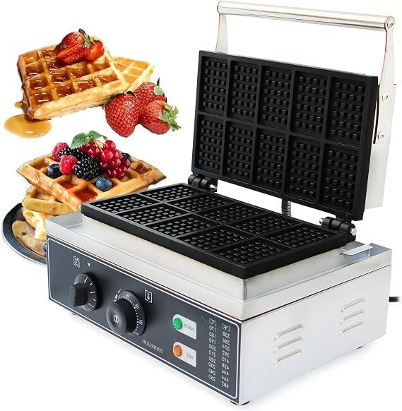 10-Grid Commercial Waffle Maker, 1500W Steel Belgian Waffle Iron Machine Electric Waffle Machine with Temperature Control for Bakeries Restaurants Canteen