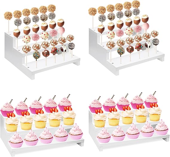 2Pcs Wood Cake Pop Display Stand & 3 Tier Cupcake Stand, 33 Holes White Lollipop Holder, White Risers Display Stands for Dessert Table of Wedding Birthday Party Christmas Day