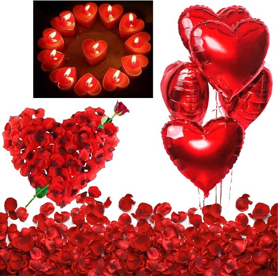 Jonami Romantic Candles Red Tea Lights and Rose Petals Romantic Decoration Set Tea Lights Heart Shape Silk Red Rose Petals Red Heart-Shaped Foil Balloons