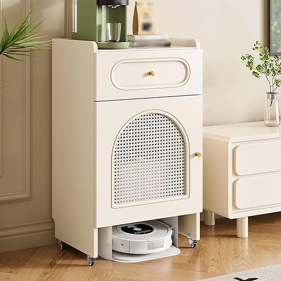 Modern Robot Vacuum Stand Cabinet 34.6 H Storage Cabinet with Doors and Drawers for Robot Vacuum Cleaner Vacuum Storage Cabinet with Wheels for Living Room Dining Room Kitchen Home Office(White)