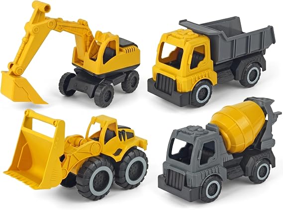 4pcs Construction Toys Set, Mini Excavator, Dump Truck, Bulldozer & Mixer - Abs Beach Toys For Boys, Yellow