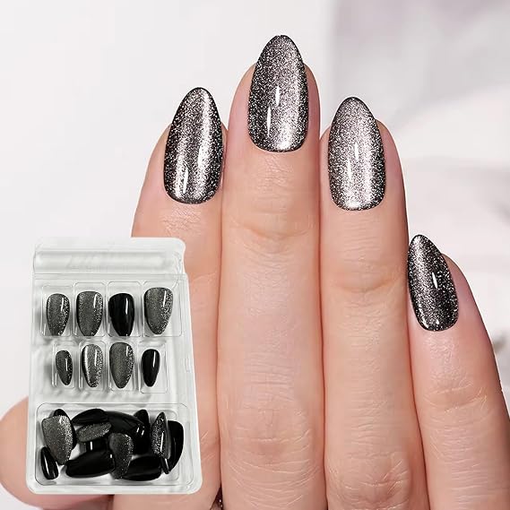 Cat Eye Press On Nails - Almond Short Fake Nails With Designs, Black