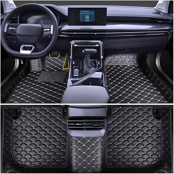 Leather Car Floor Mats for Lucerne 2009 Front & Rear Full Coverage Liner/Set (Black Beige)