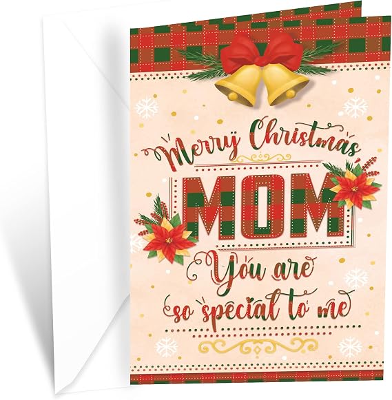 Prime Greetings Christmas Card For Mom, Made in America, Eco-Friendly, Thick Card Stock with Premium Envelope 5in x 7.75in, Packaged in Protective Mailer