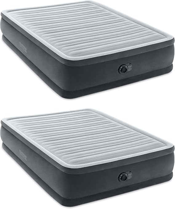 Intex 64413ED Dura Beam Elevated Fiber Tech Soft Air Mattress Bed w/Built in Pump & Portable Storage Case for Travel and Camping, Queen (2 Pack)