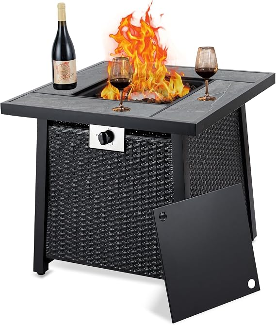 28 Inch Gas Fire Pit Outdoor Firepit Table, 50000BTU Rectangle Propane Fire Table with Lid & Lava Rock for Outside Garden Backyard Deck Patio, CSA Safety Certified