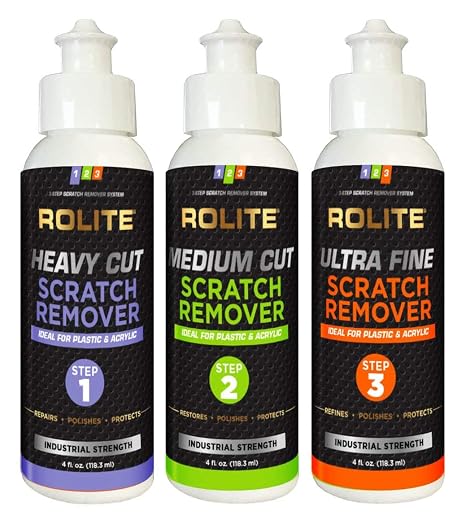 Rolite 3 Step Scratch Removal System for Clear Plastic and Acrylic Surfaces - Heavy Cut, Medium Cut and Ultra Fine Combo Set Removes Scratch and Swirl Marks, 3 - 4 Ounce Bottles