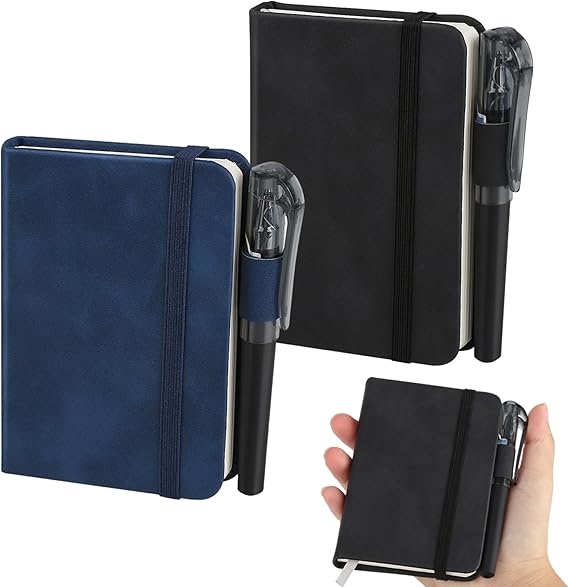 2 Pack Small Pocket Notebook with Pen, 192 Pages Small Notebooks Pocket Size with Elastic Band and Bookmark, Leather A7 Notebook, Portable Mini Notepad for Office School Writing Memos