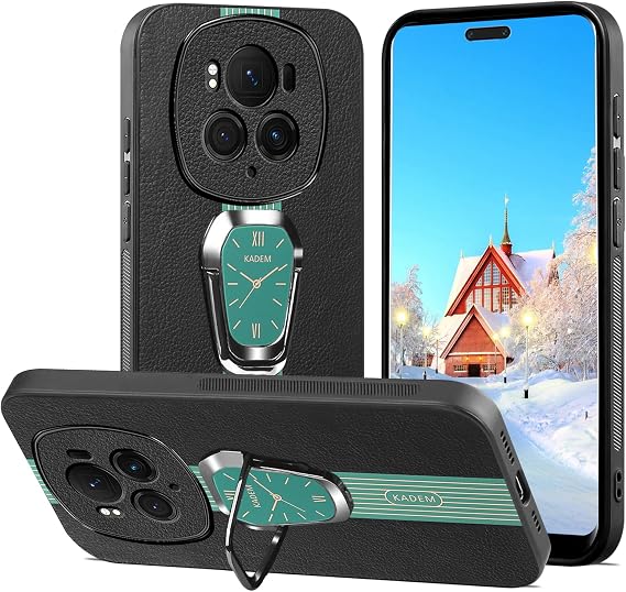 電話ケース Honor Magic 6 Pro用 リングホルダー付き ブラック、Honor Magic 6 Pro用時計パターンスタンド レザー製 スリム エレガント 耐衝撃カバー シリコン TPU ソフトエッジ グリーン