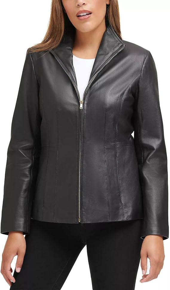 Cole Haan Women's Leather Wing Collared Jacket (Standard and Plus Size)