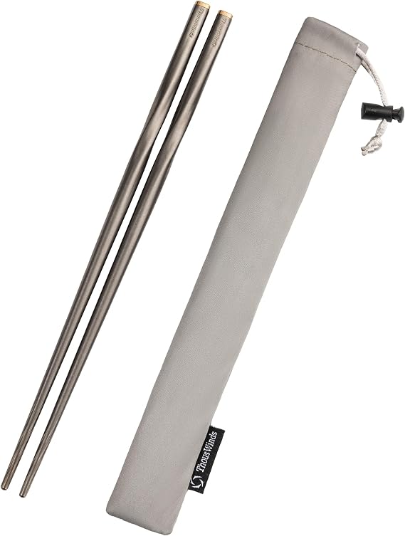 Thous Winds Titanium Chopsticks with Storage Bag, Lightweight Reusable Camping Cutlery, Utensils for Camping Backpacking Hiking Home, 9-inch