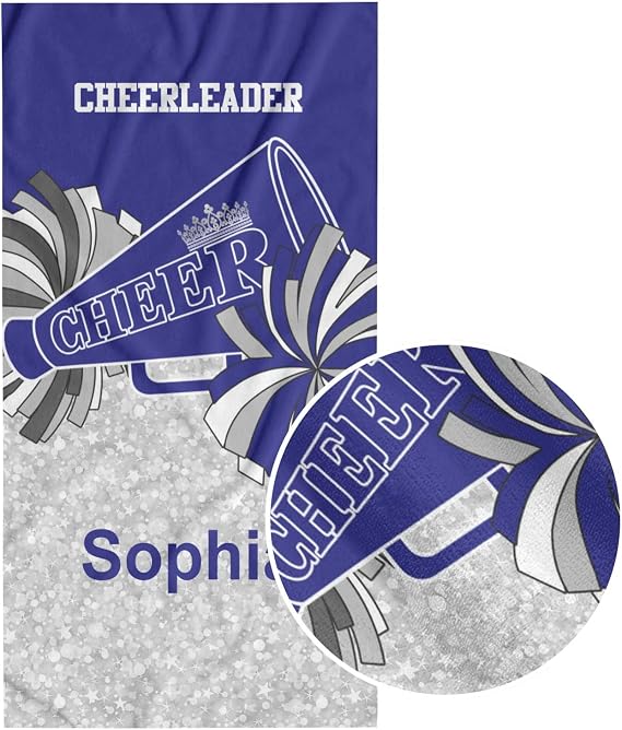 Cheerleader Blue White Cheer Beach Towel Personalized with Name Sandproof Bath Towels for Swim Sport 30 x 60 Inch