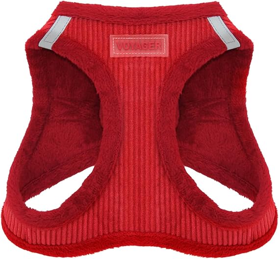 Best Pet Supplies - All Weather Mesh/Plush, Reflective, No Pull Harness for Small, Medium Dogs, Cats - Secure with Hook & Loop Fastener, Buckle, Double D-Rings - Red Corduroy, S
