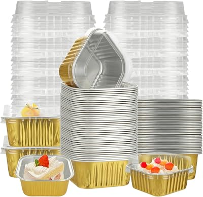 100Pcs Disposable Ramekins with Lids 5oz, Aluminum Foil Mini Cake Pans with Lids, Gold Reusable Cupcake Liners Square Desert Cake Containers Small Loaf Pans Cake Tins for Cheesecake Muffin Dessert