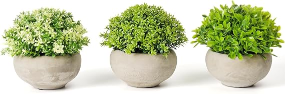 3 Pack Mini Fake Plants Artificial Plants Desk with Topiary Greenary Grass in Cement Pot for Shelf Decor and Home Bathroom Livingroom Table Office