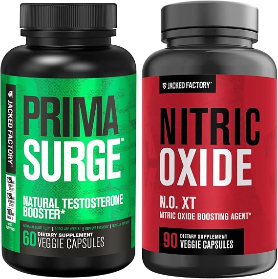 Jacked Factory Testosterone Booster for Men PRIMASURGE (60 Capsules) & N.O. XT Nitric Oxide Supplement (90 Capsules) for Muscle Growth, Pumps, Energy