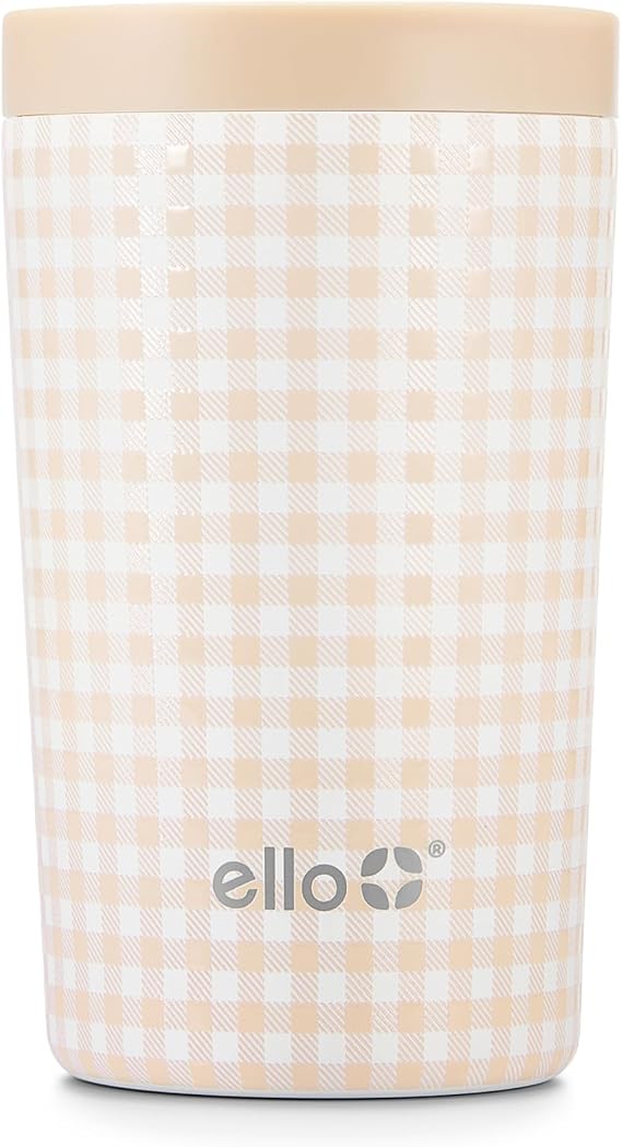 Ello Jones 11oz Insulated Stainless Steel Leakproof Travel Mug, Beige Gingham