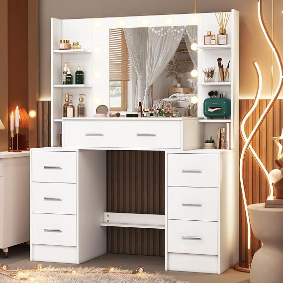 White Dressing Table with LED Lighting Mirror, Large 43.3" W Vanity Desk with 3 Light Colors,Adjustable Brightness, 7 Drawers, 6 Open Storage Shelves, 110x140x40 cm for Bedroom