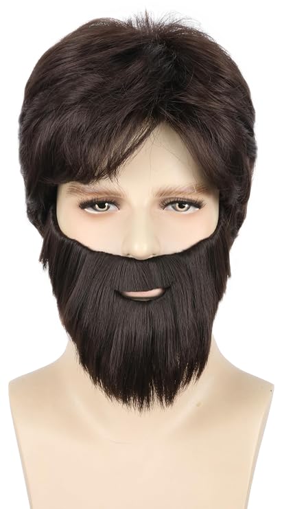 Topcosplay Men Wig and Beard set Black Short Wigs Halloween Costume Party Accessory Hangover Alan Wig
