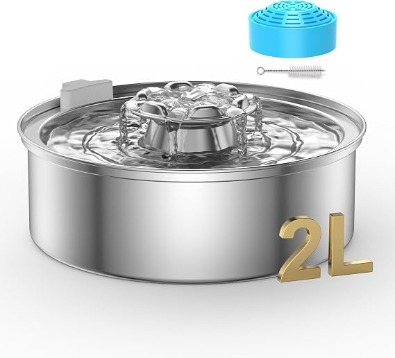 Cat Water Fountain,Stainless Steel 2.0L/67oz Automatic Circulating Pet Water Fountain,Ultra-Quiet Pump with LED Light,Dishwasher Safe,Cat Fountain Suitable for Cat and Puppy (2L Cat Fountain)