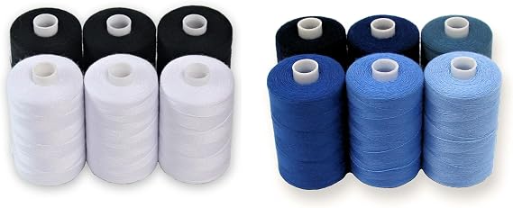 Bundle 12 Polyester Sewing Threads for Hand Stitching, Quilting & Sewing Machine - 1000 yds Per Spool - 6 Blue Shades Plus 3 Black & 3 White