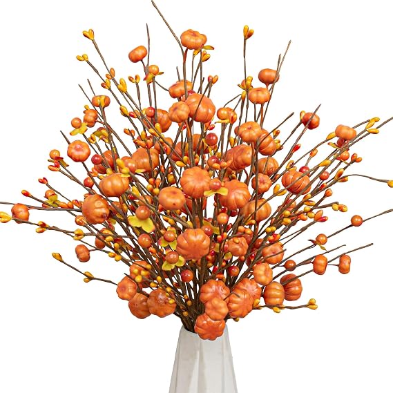 JINGHONG 18 Pack Artificial Pumpkin Picks 17 Tall Orange Berry Stems Fall Pumpkin Branches for Autumn Harvest Festival Thanksgiving Day Decor