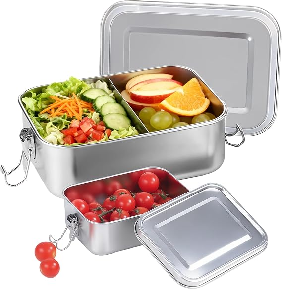 Stainless Steel Lunch Box 2-Piece Set (1400ml+550ml), Bento Box with 1 Removable Compartments, Leak-Proof Sandwich Salad Food Storage Container for Adults & Kids, Lockable Clips & Dishwasher Safe