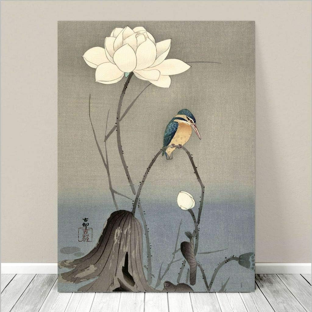 Beautiful Japanese Bird Art ~ CANVAS PRINT  ~ Kingfisher & Lotus Flower Paintings Landscape Oil Painting Original Drawing Poster Photo Wall 8x10inch NO Framed
