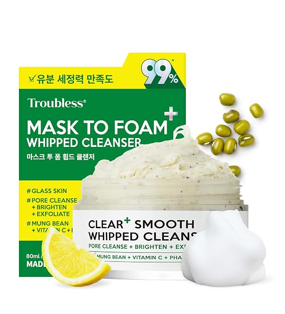 Troubless CLEAR PLUS Smooth Whipped Cleanser Korean Skin Care Mask-to-Foam Facial Cleanser w/Vitamin C, Mung Bean, Kaolin Clay & PHA Pore-Refining & Hydrating Face Wash (2.70 fl oz)