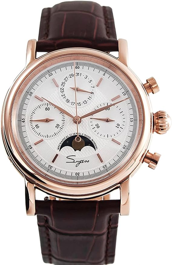 SUGESS SU1908GWX Swan Neck Wristwatch, Mechanical Moonpheeze Wristwatch, Men's, Analog Watch, ST1908 Hand-Wind Movement, Sapphire Crystal, Chrono Watch, Luxury, See-Through Back, Stylish