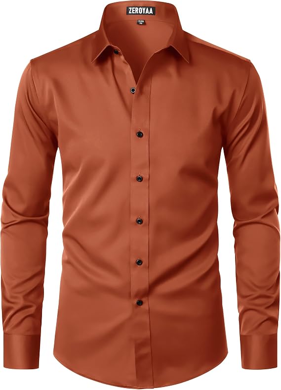ZEROYAA Men's Slim Fit Business Casual Button Up Dress Shirt | Black Button, Wrinkle-Free, Formal, Long Sleeve, Button Down