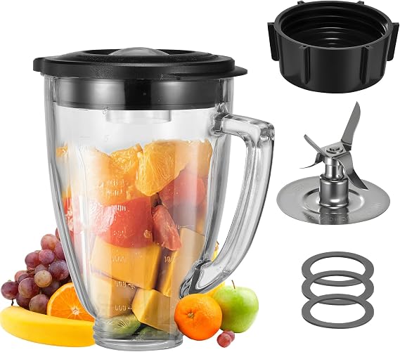6 Cup Blender Glass Jar with Blade,Including 1 glass jar with lid 1 4fins blade 1 blender jar base 3pcs seal gasket. Replacement Parts for Oster Osterizer (NOT fit Pro, Master or Versa models)