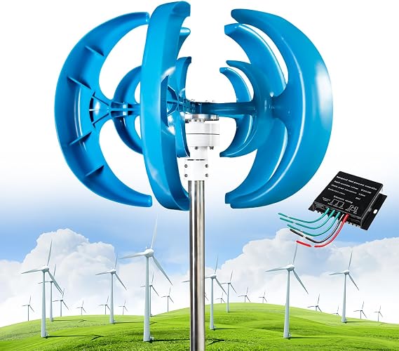 12000W Wind Turbine Generator, 12V/24V/48V 5 Blades Vertical Wind Turbine Kit, 3 Phase AC Permanent Magnet Generator, Low Wind Speed Starting, w/Controller, for Home, Boat, Motor Home,Blue-12V