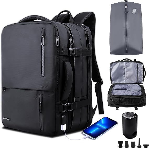 KINGSLONG Business Backpack, Backpack, Expandable 25-55L, with Vacuum Compression Bag, Vacuum Pump Included, Multi-layer Storage, Multi-pocket, Waterproof, Stylish, 4-way, Men's Backpack, for Commute