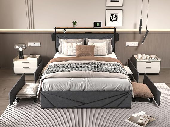 Full Led Bed Frame with Storage Drawers, Bedroom Sets Queen Size with Charging Station, Queen Bed Frame with Headboard Storage for Bedroom (Full)