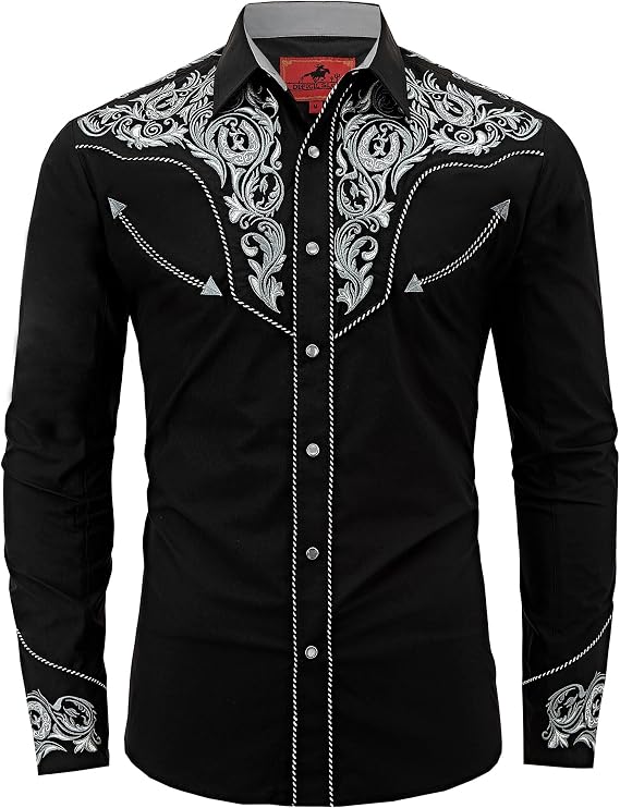 Men's Western Cowboy Shirt Embroidered Long Sleeve Casual Button Down Shirt