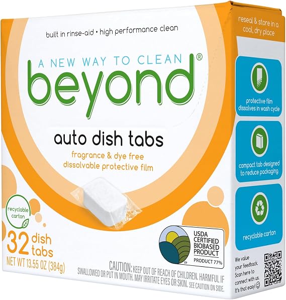 Beyond Auto Dish Tablets - Fragrance & Dye Free [32 tablets] | Certified 77% Biobased Content. Powerful Plant-Derived & Mineral Based Ingredients. Built in Rinse-Aid. Works in Hard Water.