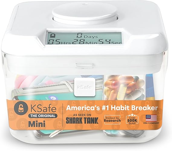 kSafe Time Locking Container Mini - Habit Control Device, Snack Safe, Tech Lock Box, Medication Timer Box, No Overrides, BPA-Free Plastic, 4.25 W x 3 H, White Lid, Clear Base