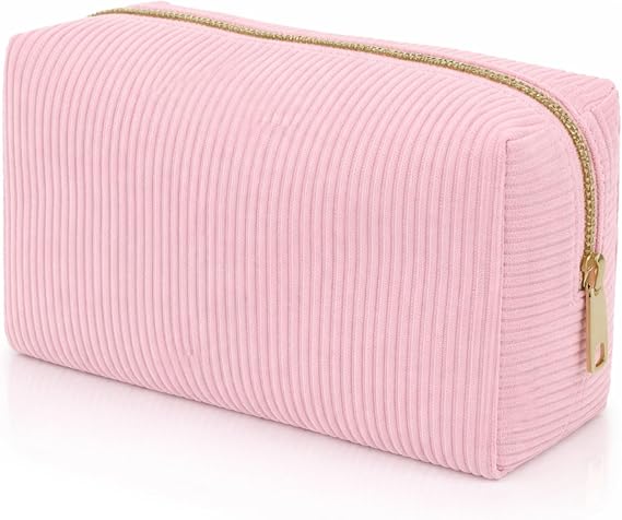 Corduroy Makeup Bag Small Cosmetic Pouch for Handbag (Pink) | Gold tone zip, lined interior, compact box shape, handbag storage, cosmetics, toiletries, travel, daily organisation