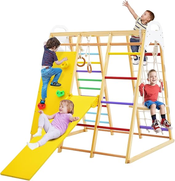 GLACER 8-in-1 Jungle Gym, Wooden Indoor Climbing Gym with Slide, Swing
