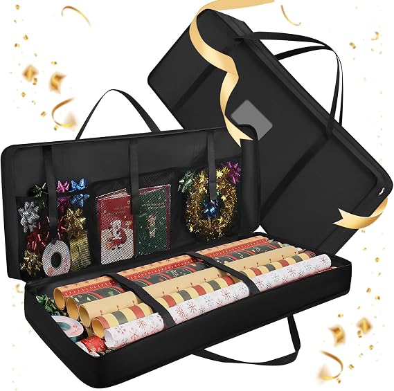 Wrapping Paper Storage Bag With Adjustable Compartments, 82x13x34cm Christmas Ribbon Organizer Box, Zippered Waterproof Dustproof Gift Wrap Containers for Party Decorators, Ribbons, Bows, Tapes, Cards