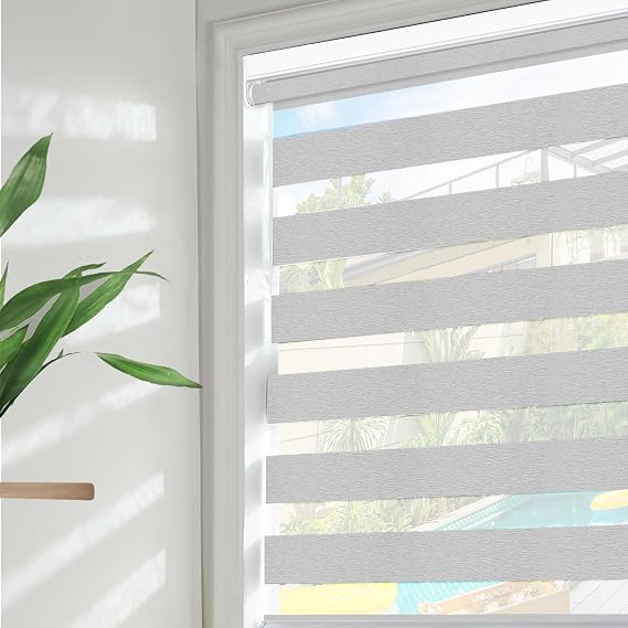 No Drill Zebra Blinds for Windows Cordless Light Filtering Zebra Roller Shades Dual Layers Semi Sheer Roller Blinds Day & Night Window Shade(Light Gray, Custom Size)