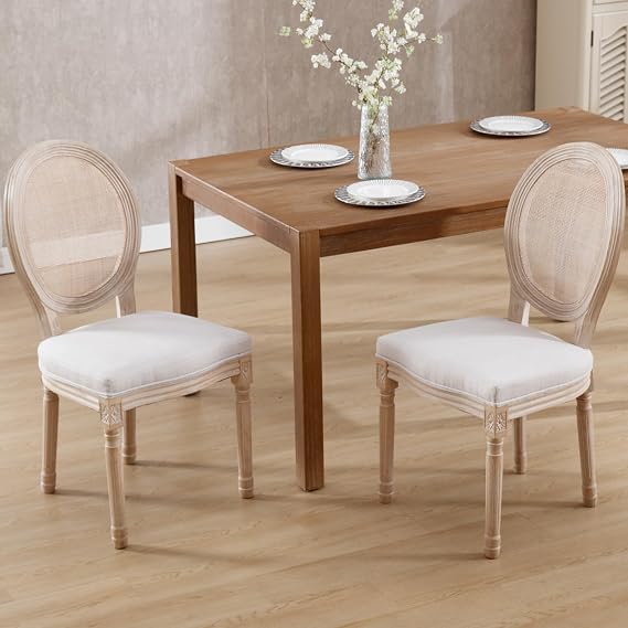 Kmax Farmhouse Dining Room Chairs, Fabric French Distressed Bedroom Chairs with Round Rattan Back, Elegant Tufted Kitchen Chairs, Set of 2, Beige
