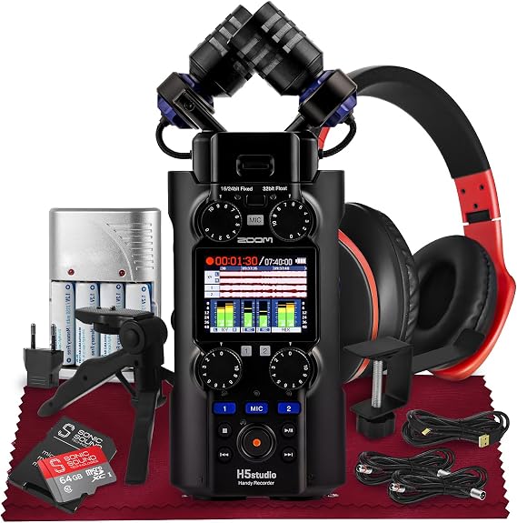 Zoom H5Studio Handy Recorder, 32-Bit Float, Large XY Mics 19.4mm, 6-Track Recording, Gain Knobs, F-Series Preamps w/Tripod, Headphone, XLR Cable, Rechargeable Battery & More for Filmmakers Musicians