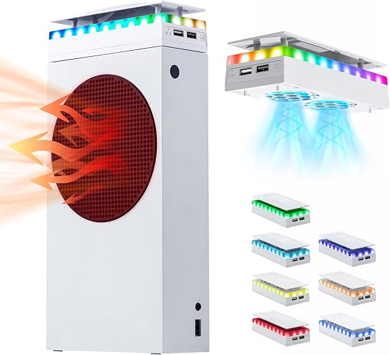 Mcbazel Cooling Fan with Dust Cover for Xbox Series S, 7 RGB Lights | Dual Fan 4000-4500 RPM, Dustproof ABS Cover, Touch Switch 7 RGB Modes, 2 USB Ports for Data and Charging, for Xbox Series S